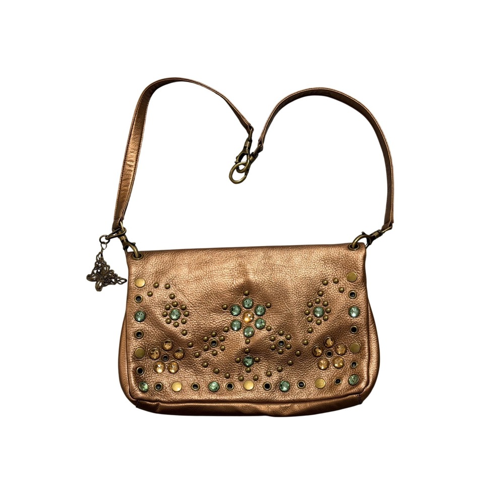 Steve Madden Foldover Crossbody Bag Womens  Bronze Leather Jeweled  Boho